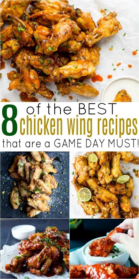 8 of the Ultimate Chicken Wing Recipes you'll ever make! These crispy wings are must for Game Day. Every flavor you can think of from Buffalo, to Honey BBQ, Chili Lime, Honey Sriracha, Garlic Parmesan and more. Perfect for the SuperBowl! #baked #glutenfree #football #appetizer #starter Chicken Wings Recipes, Bbq Chili, The Best Chicken Wings, Best Chicken Wings, Wings Recipe Baked, Best Chicken Wing Recipe, Wings Recipes, Wing Sauce Recipes, Chicken Wing Recipes Baked