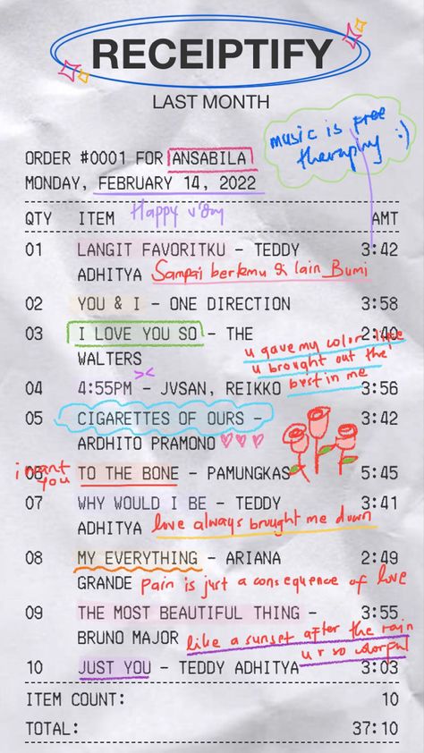 How To Make Song Receipt, Receipt Design Aesthetic, Receiptify Aesthetic, Song Receipts, Spotify Receipt, Music Receipt Aesthetic, Enhypen Album Receipt, Aesthetic Carrds, Nct Album Receipt