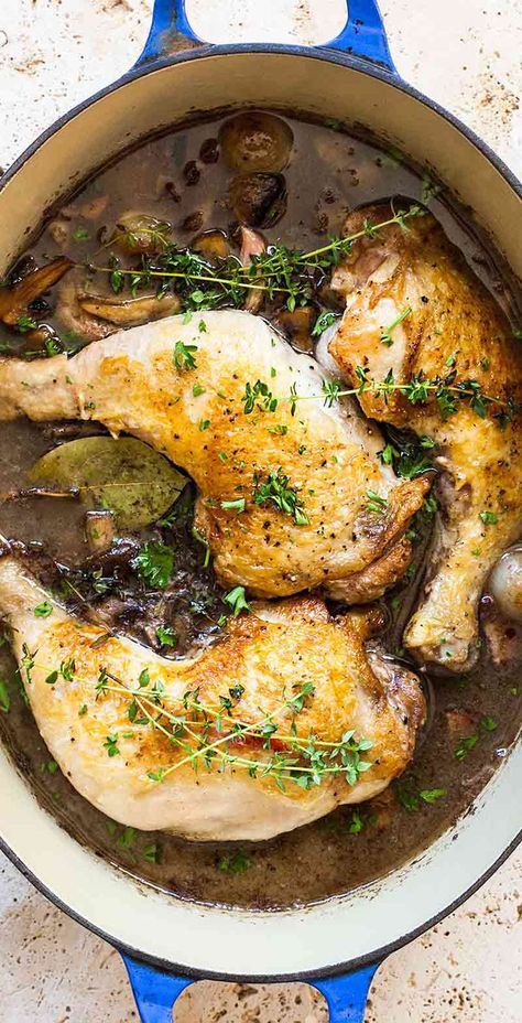 Coq au Vin Coco Van, Chicken With Bacon, Stewed Chicken, Pearl Onions, Stew Chicken Recipe, Bacon Stuffed Mushrooms, French Cooking, Best Chicken Recipes, Chicken Stew