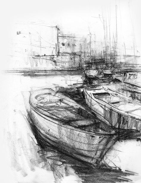 Charcoal Drawing Ideas, Landscape Pencil Drawings, Pencil Sketchbook, Piskel Art, Boat Drawing, Pencil Drawing Ideas, Art Charcoal, Western Artist, Landscape Sketch