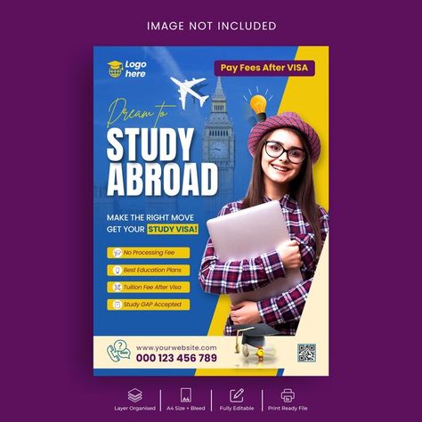 Study abroad print flyer or poster templ... | Premium Psd #Freepik #psd #poster #higher-education #flyer-template #print-ready Study Abroad Flyer Design, Study Abroad Poster Design, Study Abroad Poster, Education Flyer Design, Study Abroad Germany, Education Flyer, About Study, Study In China, Poster Template Design