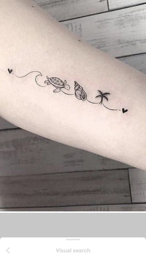 Feminine Beach Tattoo, Seashells Tattoo Ideas, Forearm Beach Tattoo, Honey Moon Tattoo, Palm Tree Heart Tattoo, Hawaiian Hand Tattoo, Feminine Hawaiian Tattoos, Small Tattoo Ocean, Wave Sunset Tattoo