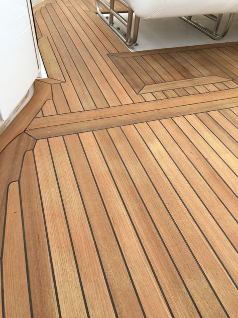 New teak decking cockpit on Fountain go fast boat Teak Deck, Teak Decking, Flat Bottom Boat Deck Ideas, Jon Boat Flooring Ideas, Ship Deck, Boat Flooring Ideas, Boat Teak Table, Yacht Flooring, Marine Flooring