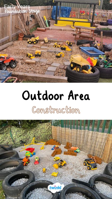 Enhance your outdoor area with these lovely outdoor construction area ideas. Click for supporting resources. Thanks to Maria Ravey & Paula Lansley Outdoor Environments Early Childhood, Outdoor Role Play Eyfs, Outdoor Construction Area Eyfs, Outdoor Construction Area, Construction Area Ideas, Early Years Outdoor Area, Toddler Outdoor Play Area, Toddler Outdoor Play, Eyfs Outdoor