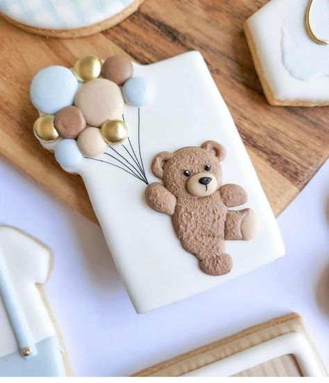 Teddy Bear Biscuits, Teddy Bear Shower Cookies, Teddy Bear Royal Icing Transfers, Teddy Cookie, Blue Baby Shower Cake, Baby Shower Biscuits, Teddy Bear Baby Shower Theme, First Birthday Cookies, Boy Baby Shower Centerpieces