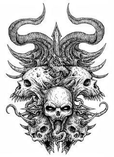 Demon Tattoo Designs, Satanic Tattoo Design, Satanic Tattoo, Way Of The Samurai, Arte Heavy Metal, Satanic Tattoos, 42 Tattoo, Evil Skull Tattoo, Long Horns