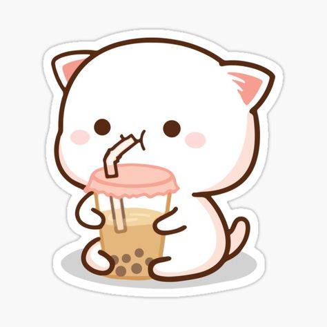 Mochi Cat, Peach Cat, Bubble Tea, Mochi, Tea, Vinyl, White, Kawaii