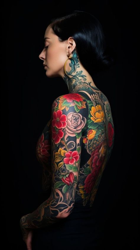 Woman's vibrant full sleeve tattoo with intricate blooms and leaves on dark background, showcasing personal identity and expression. Tattoo Of A Woman, Tapestry Tattoo, Wrist Tattoo Ideas, Wrist Tattoo Designs, Full Sleeve Tattoo, Wrist Tattoo, Sleeve Tattoo, Dark Background, Wrist Tattoos