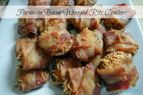 These Parmesan Bacon Wrapped Ritz Crackers make the perfect party appetizer that will be gone in minutes. Click the link for the recipe. Bacon Wrapped Ritz Crackers, Ritz Bacon Brown Sugar, Bacon Parmesan Crackers, Ritz Cracker Bacon Appetizer, Parmesan Bacon Candy Crackers, Ritz Cracker Recipes, Royal Kitchen, Tailgating Ideas, Corn Dip Recipes