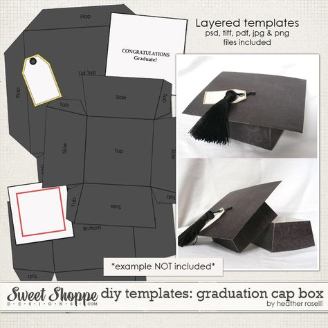 Create your own customized Graduation Cap box with these fully layered templates using your choice of digital and/or "real" components.   DIY Templates: Graduation Cap Box contains a set of layered templates to create a graduation cap shaped (mortarboard) box in which the top fits snugly over the bottom. Graduation Cap Template, Cap Template, Diy Card Box, Graduation Party Pictures, Graduation Templates, Graduation Open Houses, Hat Template, Graduation Crafts, Diy Graduation Cap