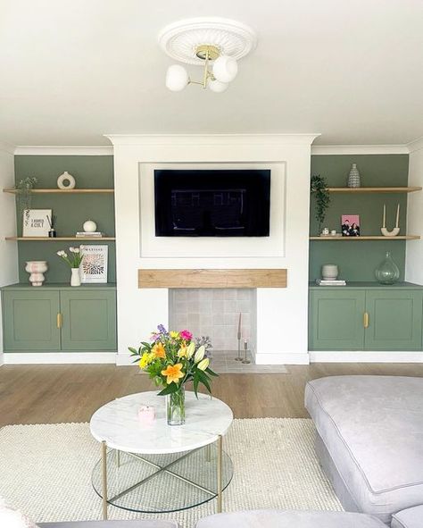 Painting Alcoves In Living Room, Sage Front Room Ideas, Lounge Decorating Ideas Color Palettes, Painted Alcoves Living Room, Green Media Wall, Dorm Room Ideas Sage Green, Living Room Alcove Ideas, Lounge Cabinets, Paint Sage Green