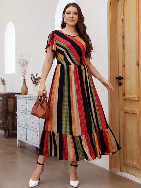 Plus Striped Butterfly Sleeve Ruffle Hem Dress | SHEIN USA Plus Size Summer Dress, Ruffles Dress, Plus Size Summer Dresses, Long Beach Dress, Butterfly Sleeve, Plus Size Summer, Ruffle Hem Dress, Frock Design, Crop Top Blouse