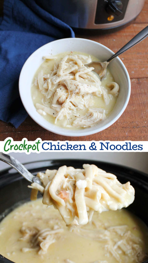 Creamy Crockpot chicken and noodles are comforting and delicious. This recipe is easy to make and is sure to become a favorite dinner in your home like it is in ours. Chicken And Noodles Recipe Crockpot, Comforting Chicken And Noodles, Chicken And Noodles Crockpot, Homemade Chicken And Noodles, Crockpot Chicken Noodle Soup, Creamy Crockpot Chicken, Crockpot Chicken And Noodles, Noodle Dinner, Chicken Noodle Soup Crock Pot