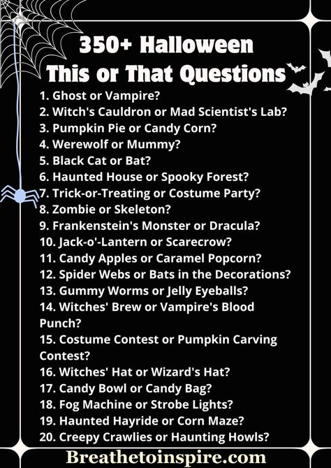 Halloween This Or That, Halloween This Or That Questions, Spooky Sleepover, Halloween Questions, Halloween Captions, Mad Scientist Lab, Witchs Cauldron, Questions For Kids, Pumpkin Carving Contest