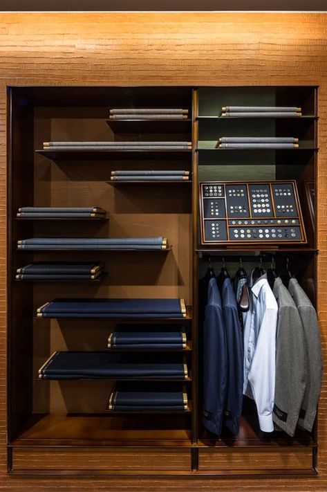 Suit Shop Design, Tailor Shop Design Ideas, Tailor Shop Design, Tailoring Shop Interior Design, Zegna Store, Fashion Shop Interior, Fancy Items, Fabric Store Design, Clothing Store Displays