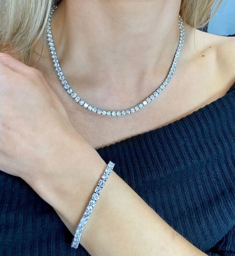 Round Diamond Tennis Necklace and Bracelet set. Tiffany Tennis Necklace, Tennis Bracelet And Necklace, Tennis Necklace And Bracelet, Tennis Jewelry Set, Sapphire Necklace Simple, Vip Experience, Tennis Jewelry, Diamond Tennis Necklace, Bridal Diamond Jewellery