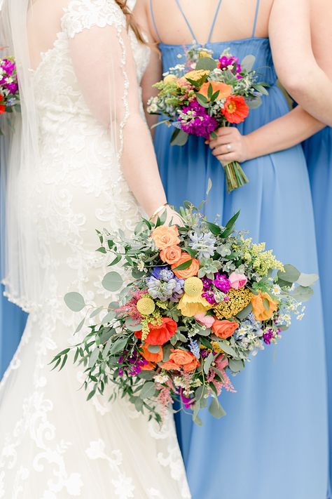 Bridesmaids With Wildflower Bouquets, Dusty Blue And Wildflower Wedding, Bright Wildflower Wedding Bouquet, Wildflower Wedding Bridesmaids Dress, Bright Blue Bridesmaid Dresses, Wildflower Bridesmaid Dresses, Wildflower Wedding Bridesmaids, Blue Wildflower Wedding, Texas Independence Day