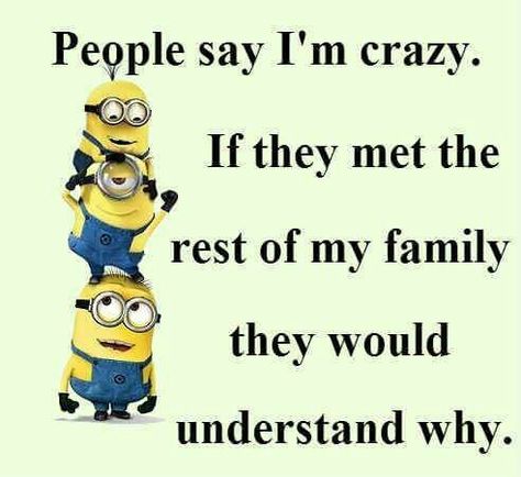 People say I'm crazy. If they met the rest of my family they would understand why. Minion School, Minion Meme, Funny Minion Pictures, Funny Minion Memes, Family Quotes Funny, Quotes Family, Minion Jokes, Sarcasm Shirts, I'm Crazy