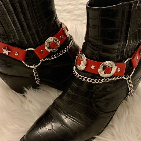 ⛓RED HOT Concho Boot straps⛓ Red & Silver Handmade using durable PU leather (vegan) and thick stainless steel chain. Riveted and built to last, surprisingly lightweight and very comfortable. Adjustable strap. They come as a pair. Boots not included! ⚡Sizing⚡ These straps fit most western/military/cowboy boot styles and all heel sizes as they have an adjustable strap.  S/M will fit UK sizes 3-9, US Women's sizes 5.5-11,EU sizes 35.5-42.  M/L will fit all sizes up to UK 12, US Men's 13, EU 47.  If Cowboy Boots Spurs, Red Cowboy Aesthetic, Boot Spurs, Cowgirl Chaps, Cowboy Accessories, Texas Cowboy, Texas Cowboys, Boot Chains, Cowboy Aesthetic