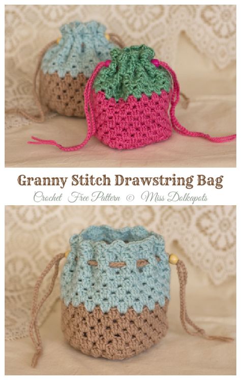 Granny Stitch Drawstring Bag Crochet Free Patterns - Crochet & Knitting Crocheted Purses, Pouch Ideas, Crochet Granny Stitch, Crochet Drawstring Bag, Crochet Mini Bag, Granny Stitch, Patterns Simple, Crochet Bag Pattern Free, Bag Pattern Free