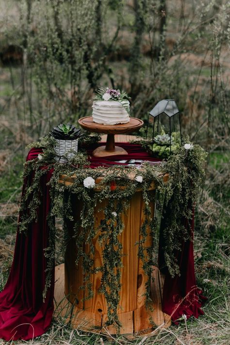 Pagan Themed Wedding, Viking Wedding Table Centerpieces, Pagan Wedding Theme, Celtic Wedding Reception, Witchy Woods Wedding, Viking Boho Wedding, Burgundy Forest Wedding, Elvish Wedding Decor, Pagan Wedding Table Decor