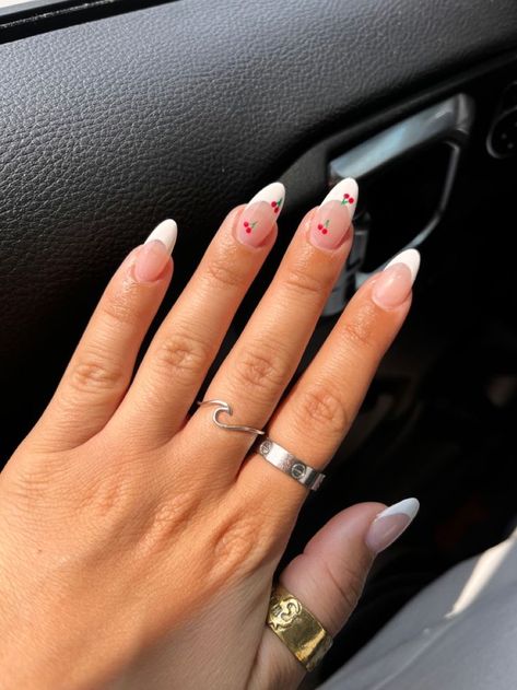 Cherry Nails French Tip, Summer Nails Cherry, Nails Cherry, Posh Nails, Bridal Nails Designs, Pink Nail Art Designs, Nails French Tip, Hello Nails, Cherry Nails