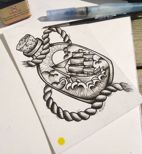 Boat In Bottle Tattoo, Bottle Ship Tattoo, Boat In A Bottle Drawing, Ship In A Bottle Tattoo, Ghost Ship Art, Nautical Tattoo Sleeve, Boat Tattoo, Ship In A Bottle, Small Chest Tattoos