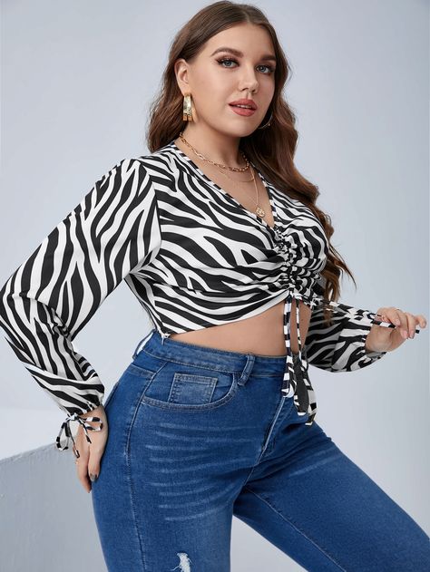 Black and White Casual  Long Sleeve Polyester Zebra Stripe Top Embellished Non-Stretch Spring/Summer Plus Size Tops Summer Plus Size, Stripe Top, Crop Blouse, Plus Size Blouses, White Casual, Plus Size Tops, Bell Sleeve Top, Knot, Long Sleeve Blouse