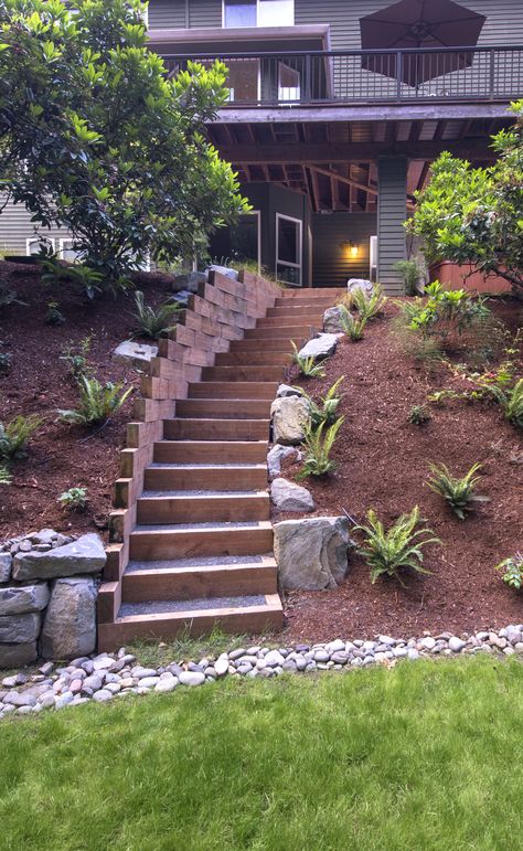 Landscape Hillside, Sloped Backyard Landscaping, Landscaping A Slope, Landscape Stairs, Sloped Yard, Sloped Backyard, Privacy Landscaping, Landscaping Retaining Walls, Garden Stairs