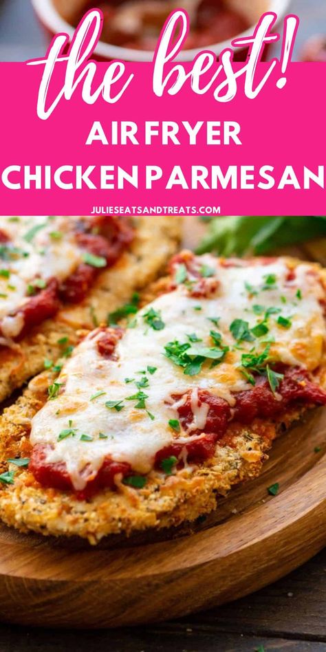 Air Fryer Chicken Parmesan is an easy 30 minute meal with all the flavor of the classic chicken parmesan but healthier! Tender, juicy chicken breasts with a delicious crispy breading. Air Fryer Chicken Parmesan Recipe, Air Fryer Parmesan Crusted Chicken, Air Fryer Chicken Parmesan, Healthy Chicken Parmesan, Mothers Day Dinner, Chicken Parmesan Recipe, Savory Meals, Easter Dinner Recipes, Parmesan Crusted Chicken