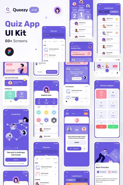 Queezy - Quiz App UI Kit, #Kit, #ADVERTISEMENT, #UI, #App, #Quiz, #Queezy, #ad Quiz App Design, Quiz App Ui Design, Quiz App Ui, Design Quiz, Trivia App, Website Design Inspiration Business, App User Interface, Notion Ideas, Quiz Design