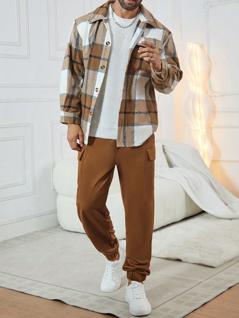 Men's Plaid Loose Fit Shirt & Nordic Style 2pcs Set (Family Matching Outfits, Sold Separately In Sets Of 3) Multicolor Casual    Plaid  Non-Stretch  Men Clothing, size features are:Bust: ,Length: ,Sleeve Length: Casual Outfits Button Up, Men’s Fall Clothing Styles, Casual Guy Clothes, Male Fashion Influencer, Bigger Man Fashion Outfits, Men’s Street Style Casual, Men In 30s Fashion Casual, Neutral Colour Outfits Men, Cute Fall Outfits Men