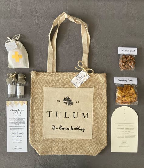 Destination weddings just got a whole lot sweeter! 🎉 Discover our personalized welcome bags filled with love and local goodies, perfect for your guests to enjoy as they celebrate your big day in beautiful Mexico! 🇲🇽✨ #DestinationWedding #WeddingWelcomeBags #MexicoWedding #WeddingPlanning #BridesToBe #WeddingInspiration #GuestGifts #SayIDoInMexico #WeddingFavors Tulum Party, Wedding Goodie Bags, Beautiful Mexico, Mexico Gift, Destination Wedding Welcome Bag, Welcome Bag, Brown Wedding, Wedding Welcome Bags, Guest Gifts