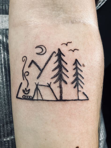 Camp Scene Tattoo, Forest Camping Tattoo, Camping Scene Tattoo, Backpacking Tattoo, Tattoo Party Ideas, Hiker Tattoo, Camping Tattoo Ideas, Camp Tattoo, Camping Tattoo