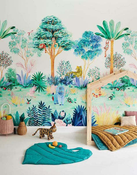 Jungle Wallpaper for Nursery Room Ultimate nursery vibes✌️ Jungle is one of our newest wallpaper designs and full of colours to brighten your little one's room.⁠ ⁠ Check out our latest blog post 'Gender Neutral Wallpapers for Nursery Rooms' for allll the kids room inspo. Link in bio.⁠ .⁠ .⁠ .⁠ #genderneutralnursery #cuteroom #dreamynursery #kidsinteriors_com #kidsroom #toddlerroom #nurseryroom #projectnursery Wallpaper Colour, Kindergarten Wallpaper, Jungle Mural, L Wallpaper, Scene Wallpaper, Jungle Scene, Hand Painted Wallpaper, Jungle Wallpaper, Little Greene Paint