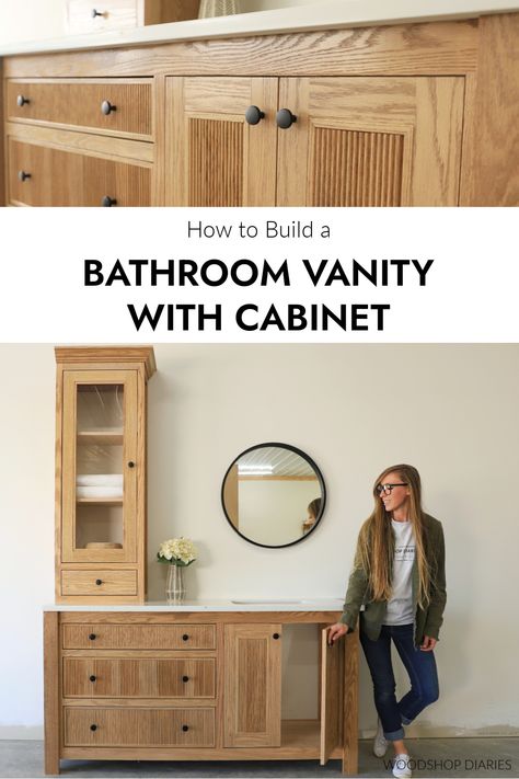 DIY Bathroom Vanity with Fluted Doors and Drawers Diy Bathroom Double Vanity, Diy Bathroom Vanity Using Stock Cabinets, Install Bathroom Cabinet, Diy Makeup Vanity In Bathroom, Vanity With Cabinet, Upcycled Bathroom Vanity Ideas, Diy Vanity Plans, Diy Bathroom Vanity Cabinet, Bathroom Vanity With Shelves On Side