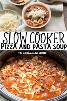 Slow Cooker Pizza and Pasta Soup is a meal your whole family will love! This Hearty Soup has pizza supreme flavors with bow-tie pasta and even better that this meal is a freezer meal friendly! Slow Cooker Pizza Soup, Crockpot Pasta Soup Recipes, Crockpot Pizza Soup Recipes, Pizza Soup Crockpot, Crockpot Pizza Soup, Fall Freezer Meals, Slow Cooker Pizza Pasta, Pizza Supreme, Slow Cooker Pizza