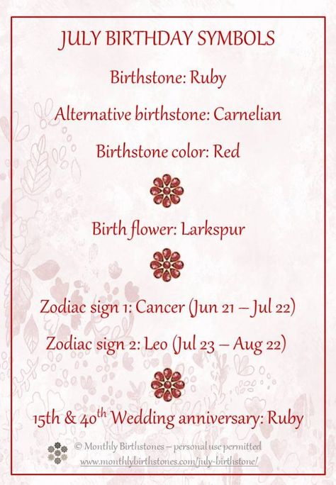 July Birthstone Color and Flower & more July Birthday Symbols