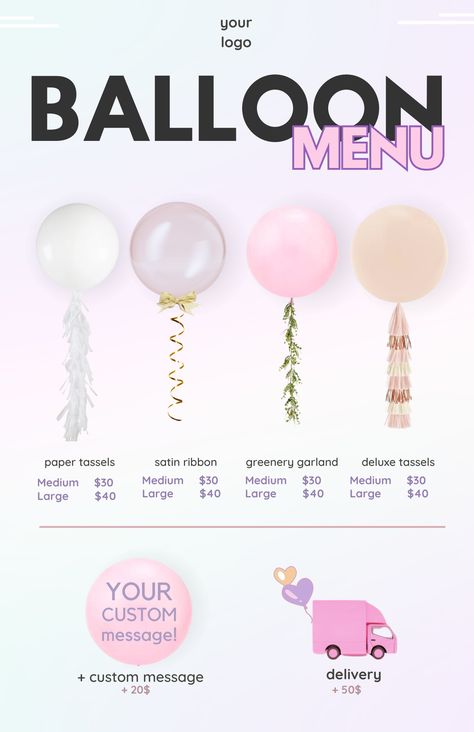 Transform Your Balloon Business with Our Editable Balloon Menu Templates! 🎈 Perfect for Balloon Artists. Bring your balloon decor vision to life and wow your clients with professional pricing and presentation. Download now and elevate your event styling business! #BalloonMenu #EventPlanning #BalloonDecor #CustomTemplates #EventStylist #PartyPlanning #EditableMenu #CanvaTemplates #EventDesign #BalloonArtistry #DIYEventPlanning #WeddingStyling #PartyDecor Balloon Business Ideas, Balloon Store, Balloon Business Names, Balloon Branding, Balloon Business, Tradeshow Booth Display, Balloon Logo, Balloon Prices, Balloon Company