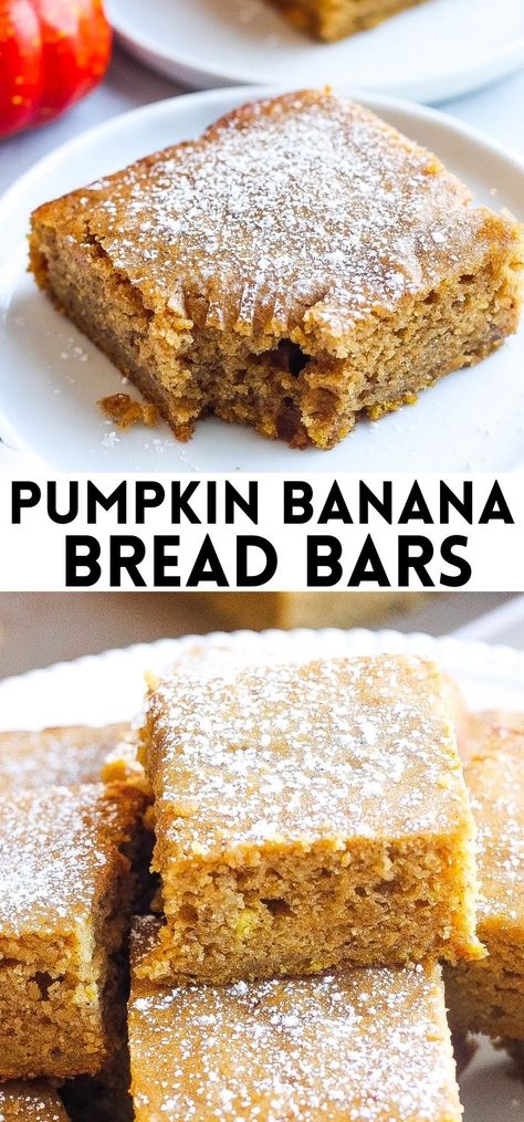 Pumpkin Banana Bars With Cream Cheese Frosting, Baked Goods With Pumpkin Puree, Fall Recipes With Bananas, Breakfast Pumpkin Bars, Banana Pumpkin Healthy Recipes, Banana Fall Desserts, Pumpkin Banana Dessert, Pumpkin Banana Oatmeal Bars, Banana Fall Recipes