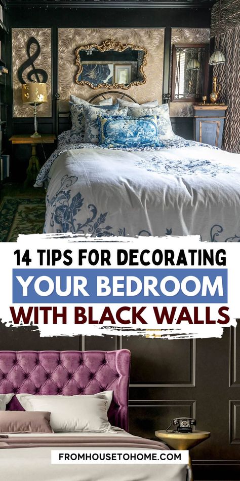 14 tips for decorating your bedroom with black walls Black Bedroom Walls, Bookcase In Bedroom, Yellow Headboard, Black Bedroom Ideas, Black Walls Bedroom, Decorating Your Bedroom, Dramatic Bedroom, Fall Bedroom Ideas, Black Room Decor