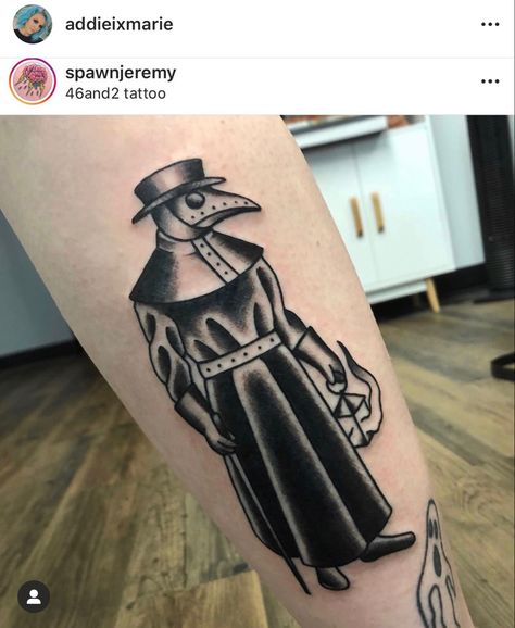 American Traditional Plague Doctor Tattoo, Black and Gray Artist: @spawnjeremy #tattooideas #americantraditionaltattoo #plaguedoctor #tattoo Old School Plague Doctor Tattoo, American Traditional Plague Doctor Tattoo, American Trad Black And Grey, American Traditional Plague Doctor, Black Plague Doctor Tattoo, Gothic American Traditional Tattoo, Black And Gray American Traditional, Traditional Plague Doctor Tattoo, Witch Doctor Tattoo