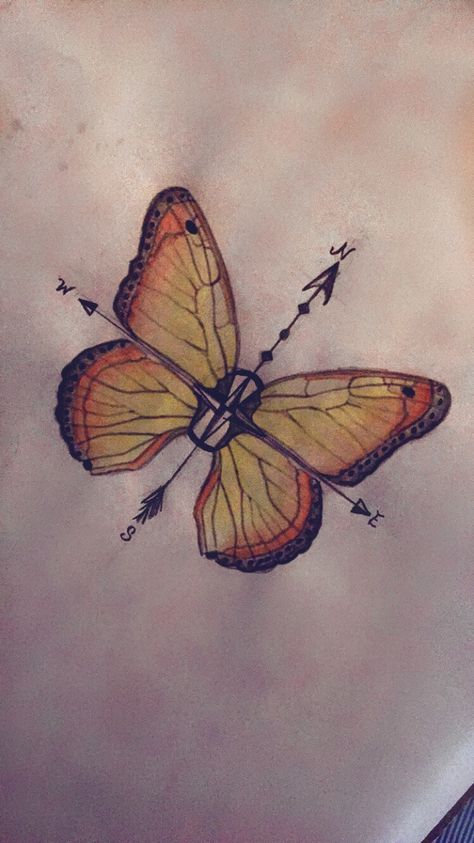 Tattoo design butterfly compass  "Go in the direction of your dreams" "If nothing ever changed there would be no butterflies" Butterfly And Compass Tattoo, Butterfly Compass Tattoo, Small Sister Tattoos, Shoulder Tats, Rat Tattoo, Magic Runes, Bamboo Tattoo, White Ink Tattoo, Design Butterfly