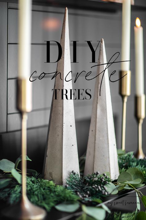 DIY modern concrete Christmas trees - My Sweet Savannah Concrete Christmas, Concrete Candle Holders Diy, Christmas Mantel Garland, Christmas Entryway, Concrete Candle Holders, Holiday Diy Projects, Christmas Vignettes, Modern Christmas Tree, Diy Tree