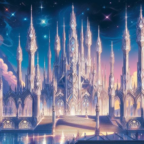 Frozen Ice Castle, Celestial Palace, Star Kingdom, Anime Castle, Fairy Landscape, Kingdom Fanart, Geode Cave, Fantasy Castles, Castle Exterior