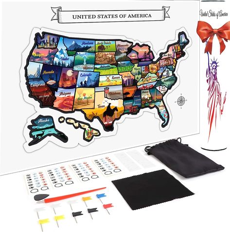 Large Scratch Off Map Of United States 23x16 inch - Hand Drawn Travel USA Map with Accessories - Laminated United States Map - Deluxe Visited States US Map for Home Decor - Cool Traveler Gift Idea Vacation Map, Map Of United States, Us Travel Map, Usa Travel Map, Us State Map, Road Trip Map, Amazing Maps, United States Map, Travel Map