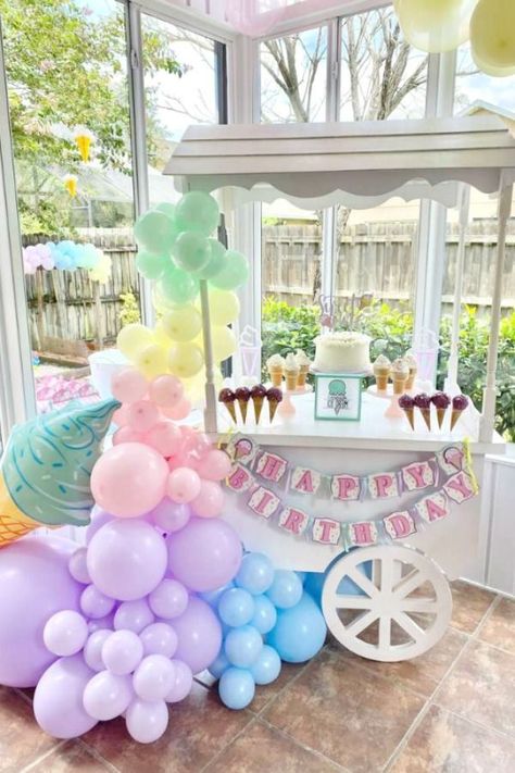 Swoon over this fabulous ice cream birthday party! The dessert table cart is so pretty! See more party ideas and share yours at CatchMyParty.com    #catchmyparty #partyideas #icecreamparty #girlbirthdayparty Ice Cream Birthday Party Ideas, One Birthday, Ice Cream Birthday Party Theme, Ice Cream Social Party, Baby Ice Cream, Ice Cream Party Theme, Cream Birthday Party, Lalaloopsy Party, Ice Cream Cart