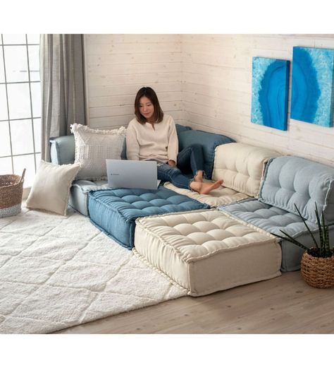 Futon, Couch, Sofa, Blue, White, Furniture