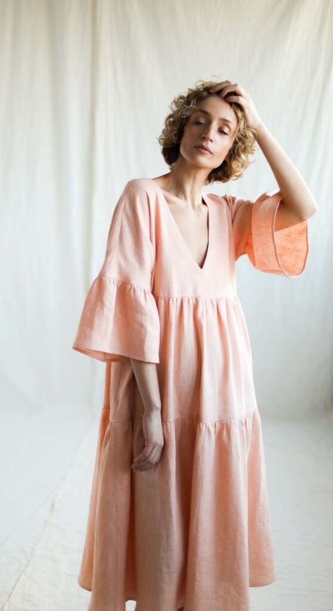 Archival Fashion, Long Tiered Dress, Puffy Sleeve Dress, Apricot Dress, Boho Fits, Holiday Clothes, Tiered Skirts, Tier Skirt, Linen Dresses