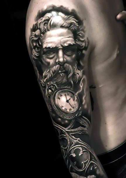 One of the best sleeve tattoo ideas for men in gothic and black and gray styles. Cathedral Tattoo, Greek God Tattoo, Zeus Tattoo, Clock Tattoo Design, Greek Mythology Tattoos, Men Tattoos Arm Sleeve, God Tattoos, Facial Tattoos, Religious Tattoos